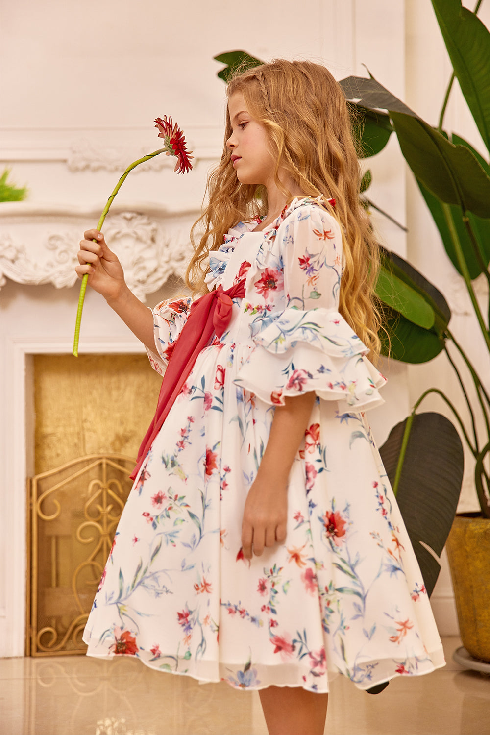 Chiffon floral dress with red bow