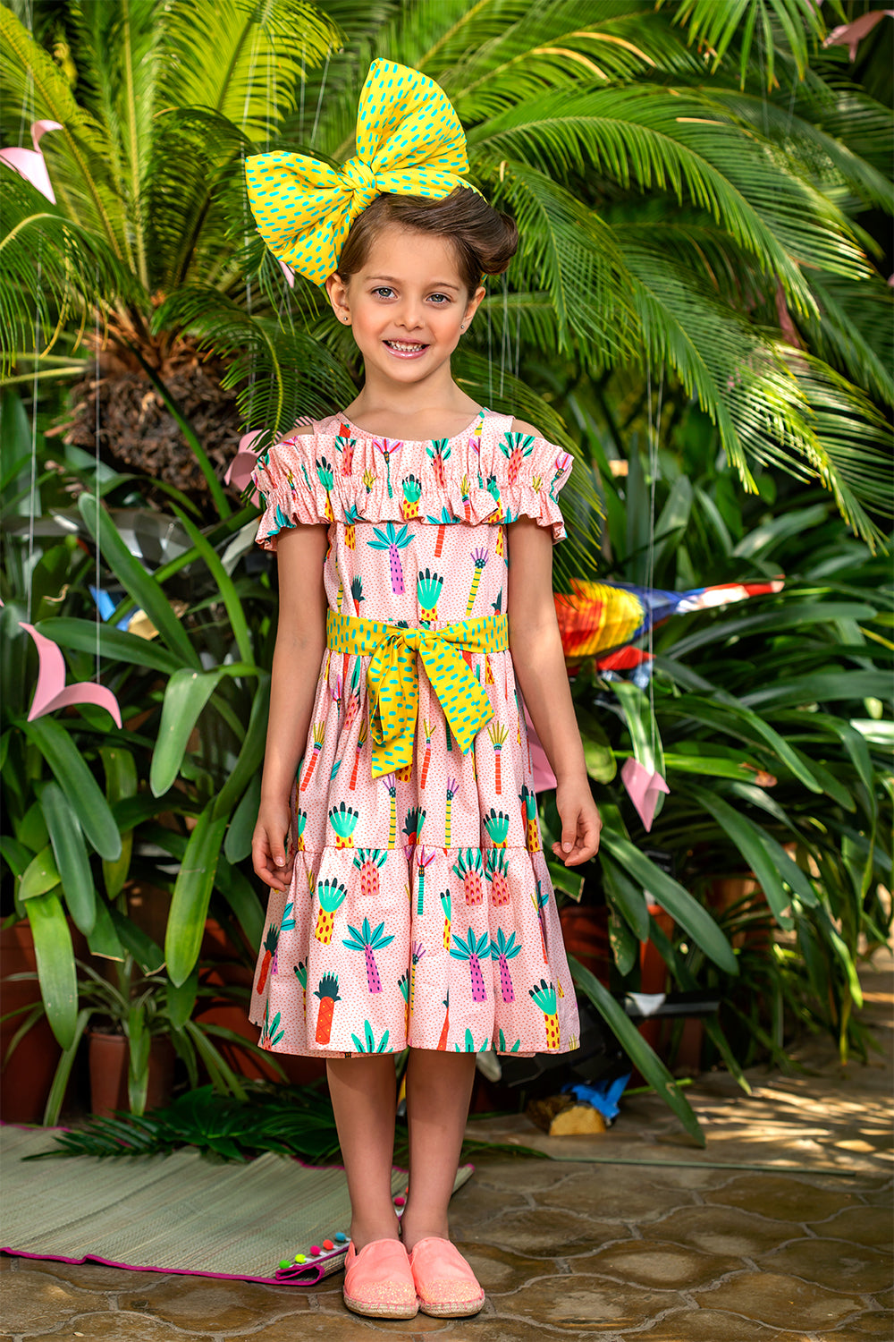 Cotton palms dress with shoulder frill and contrast belt