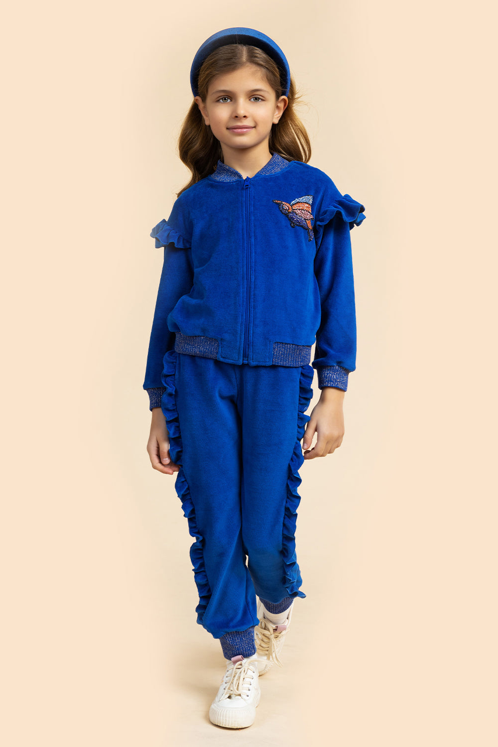 Blue velvet cotton tracksuit with handmade bird embroidery