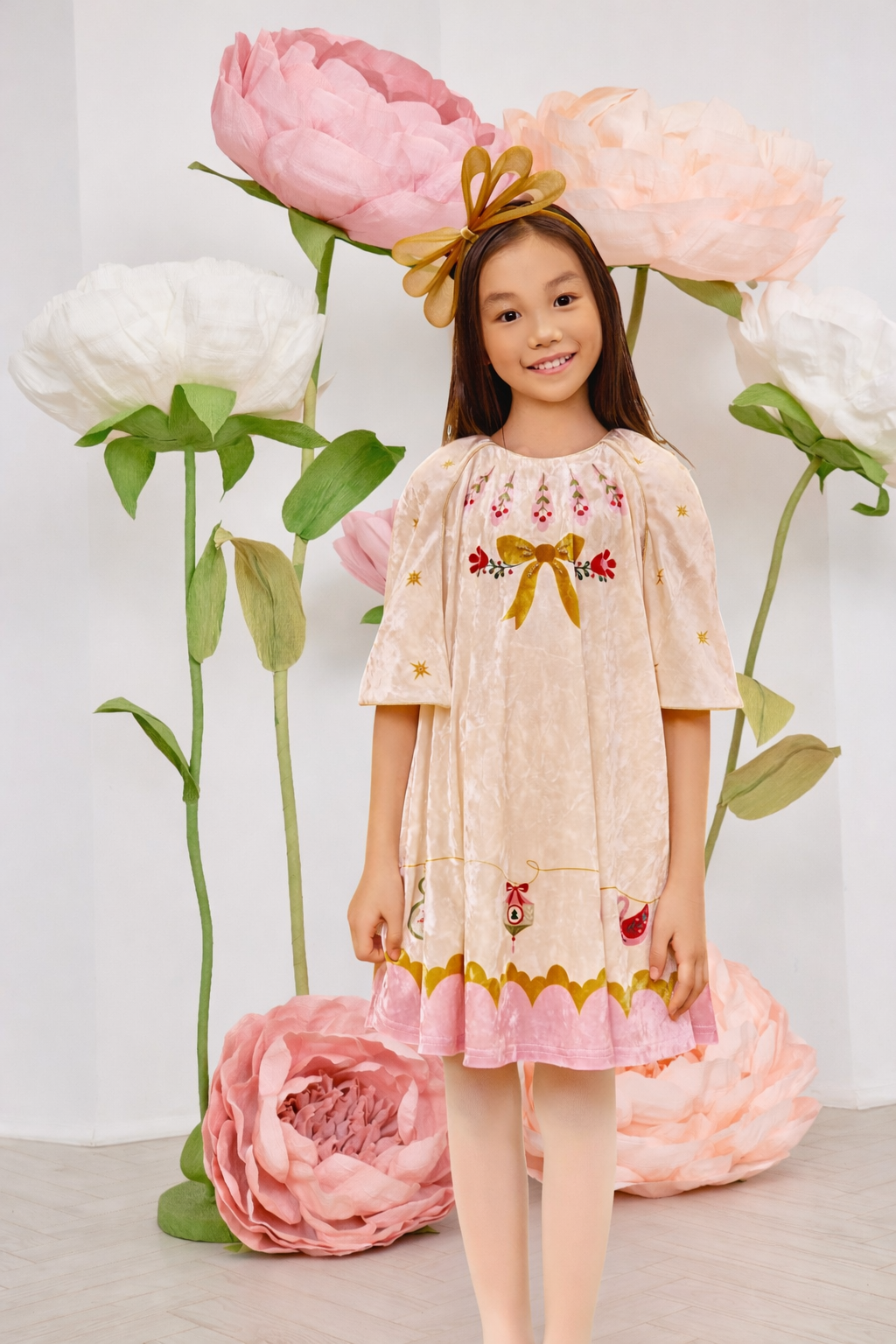 Ivory and pink velvet Christmas dress with hand-embellishments