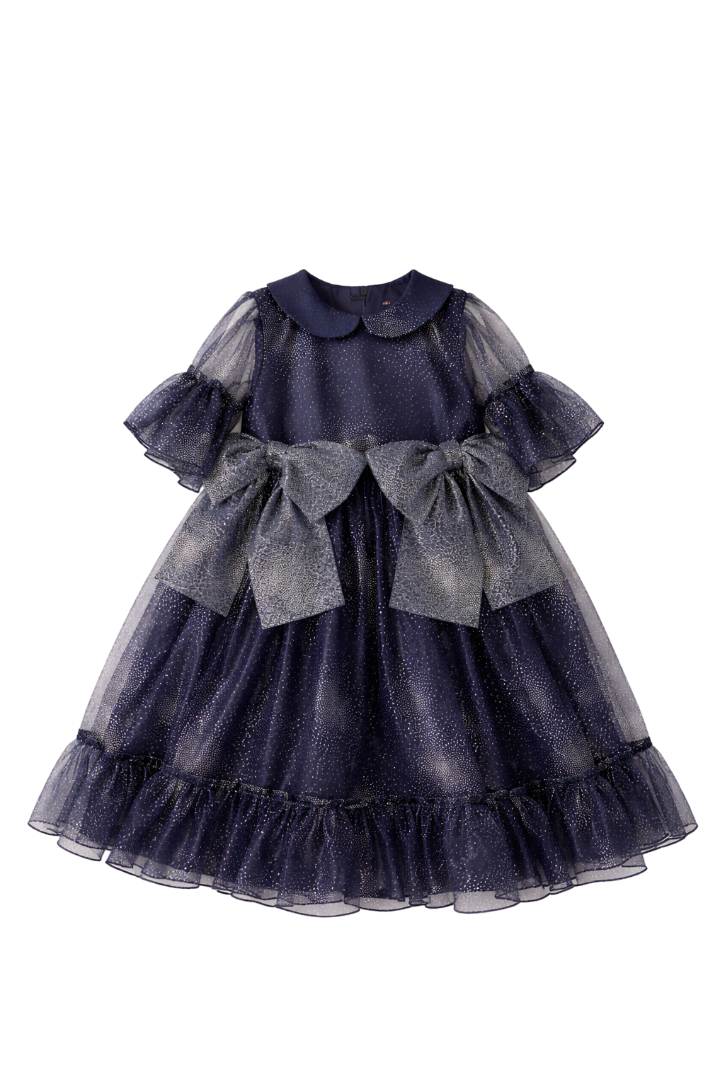 Dark blue and silver dress with large bows and short sleeves