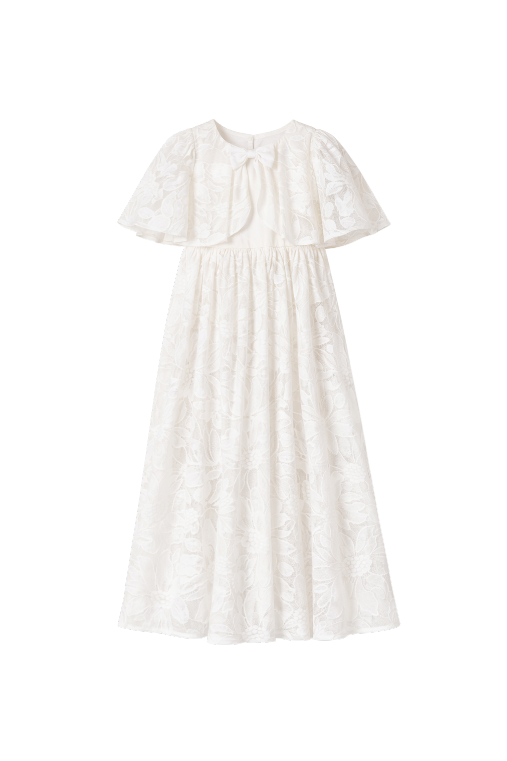 Off-white floral lace dress with flutter sleeves and cape, shimmering bow