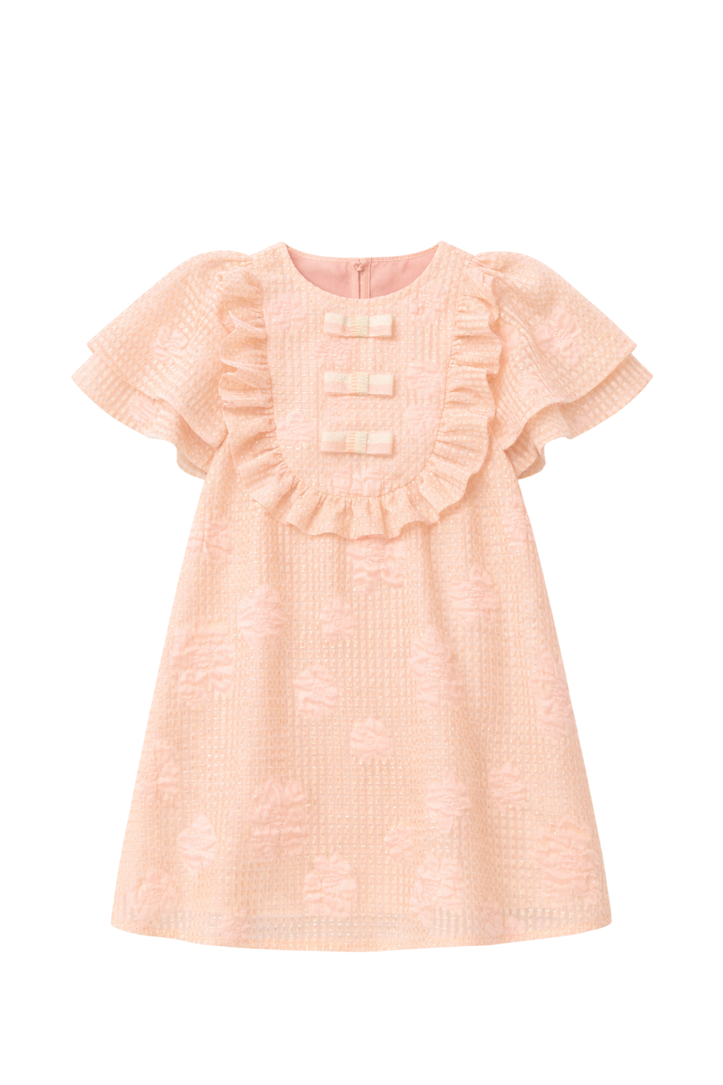 Charming A-line jacquard organza dress in light pink with voluminous ruffled shoulders and front shimmering bows in mint and pink
