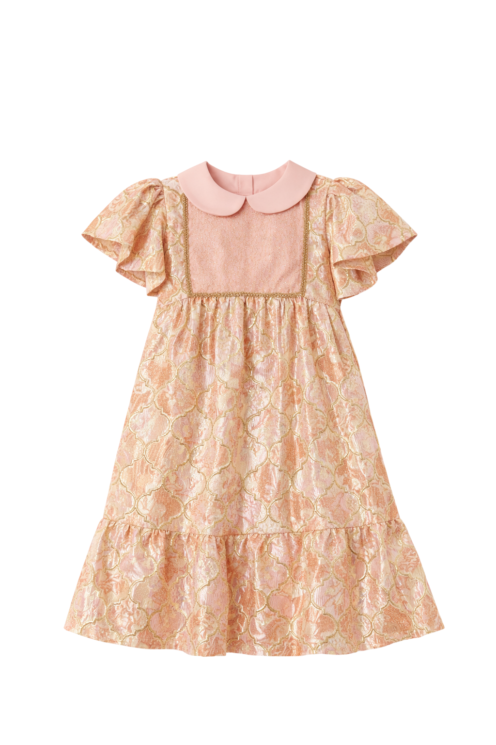 Shimmering brocade dress with flutter sleeves and contrast collar