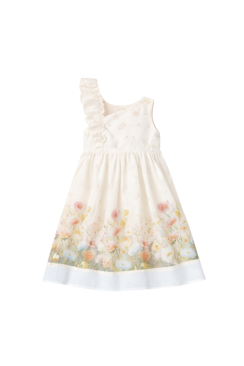 One-shoulder satin cotton dress with ruffle trim and floral print