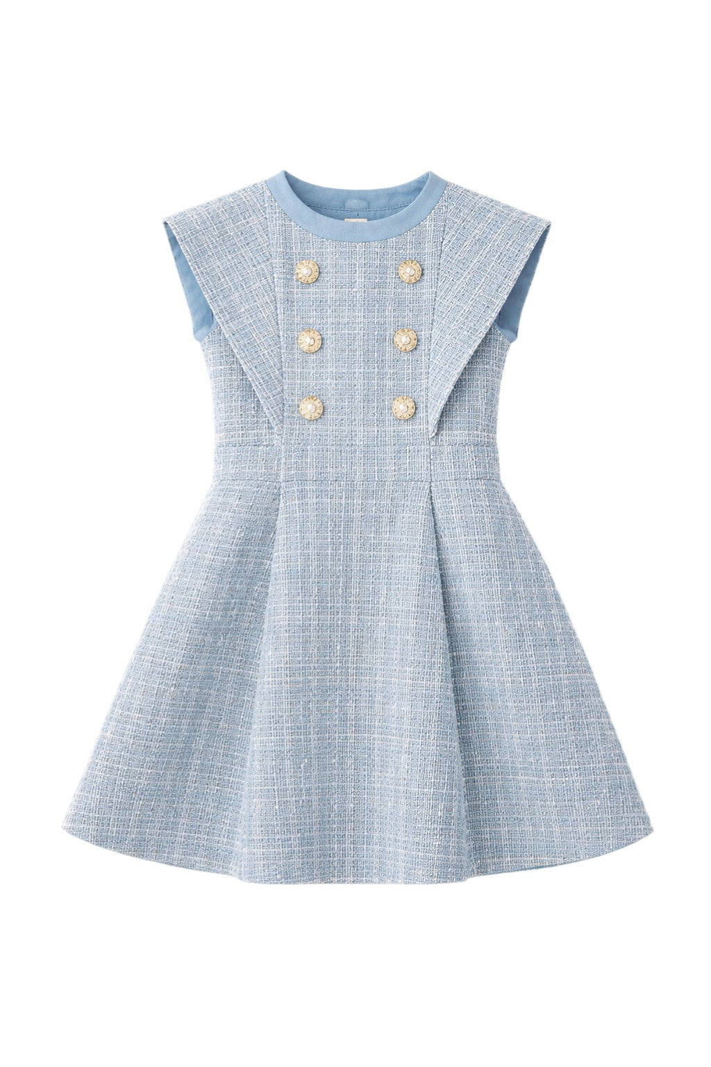 Light blue tweed dress with subtle sequins and double-breasted gold anchor buttons