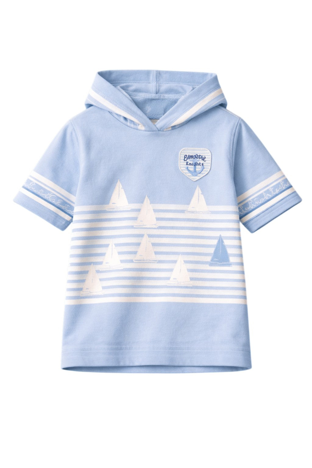 Light blue short-sleeved striped hoodie with sailboat print and Eirene Knights patch