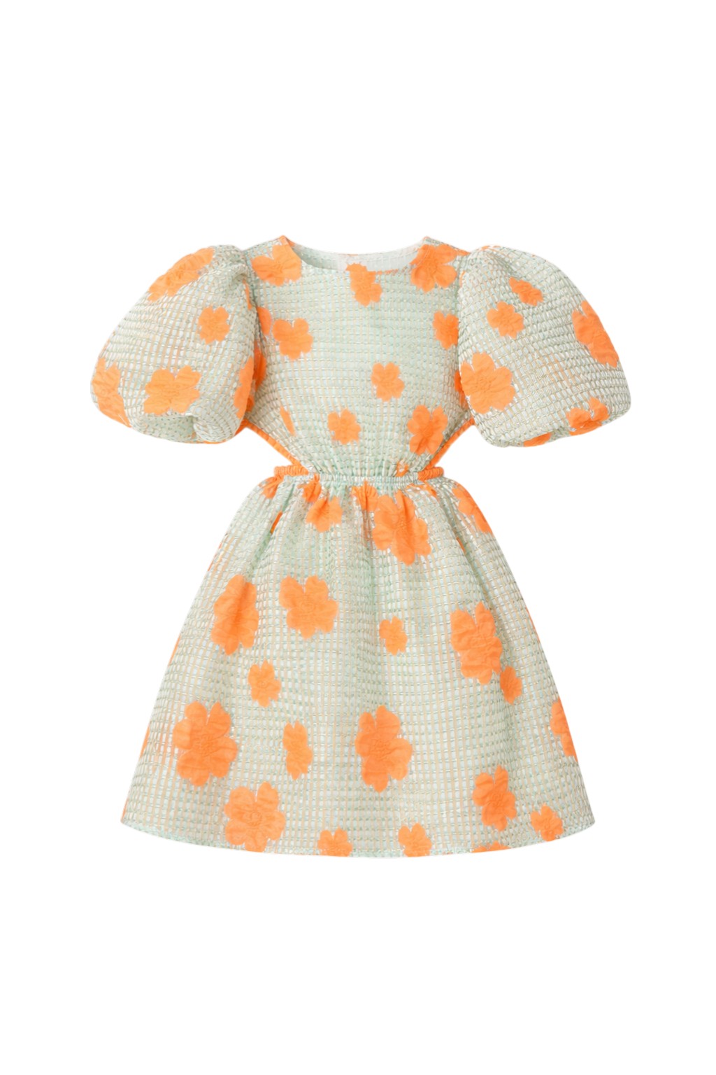 Aqua puff-sleeve jacquard organza dress with bold coral florals and a playful open-back detail