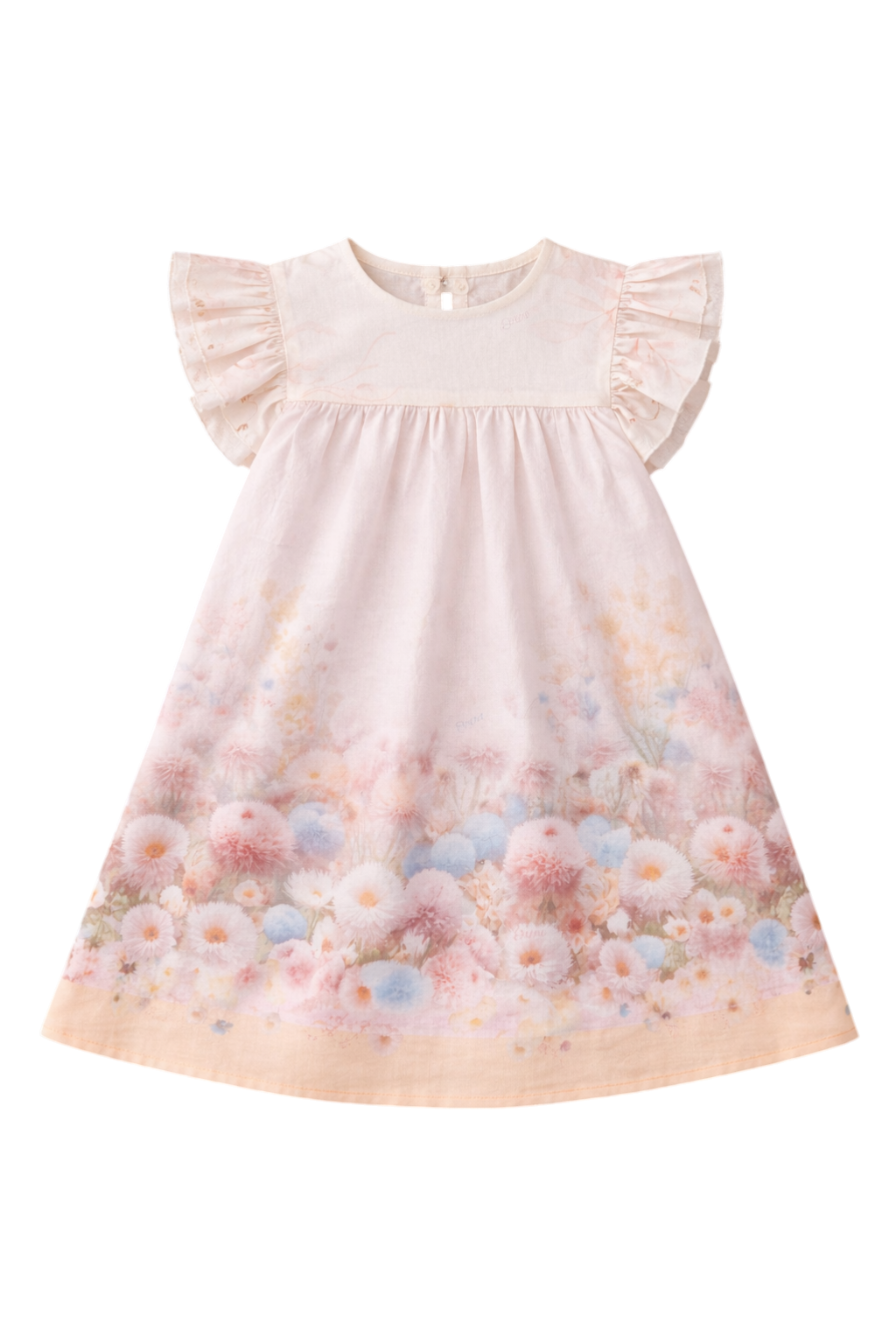 Floral dress with ruffled sleeves on a white background