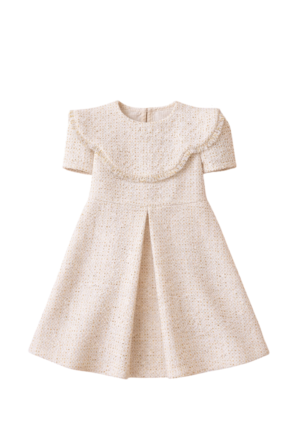Beige dress with ruffled neckline on a white background