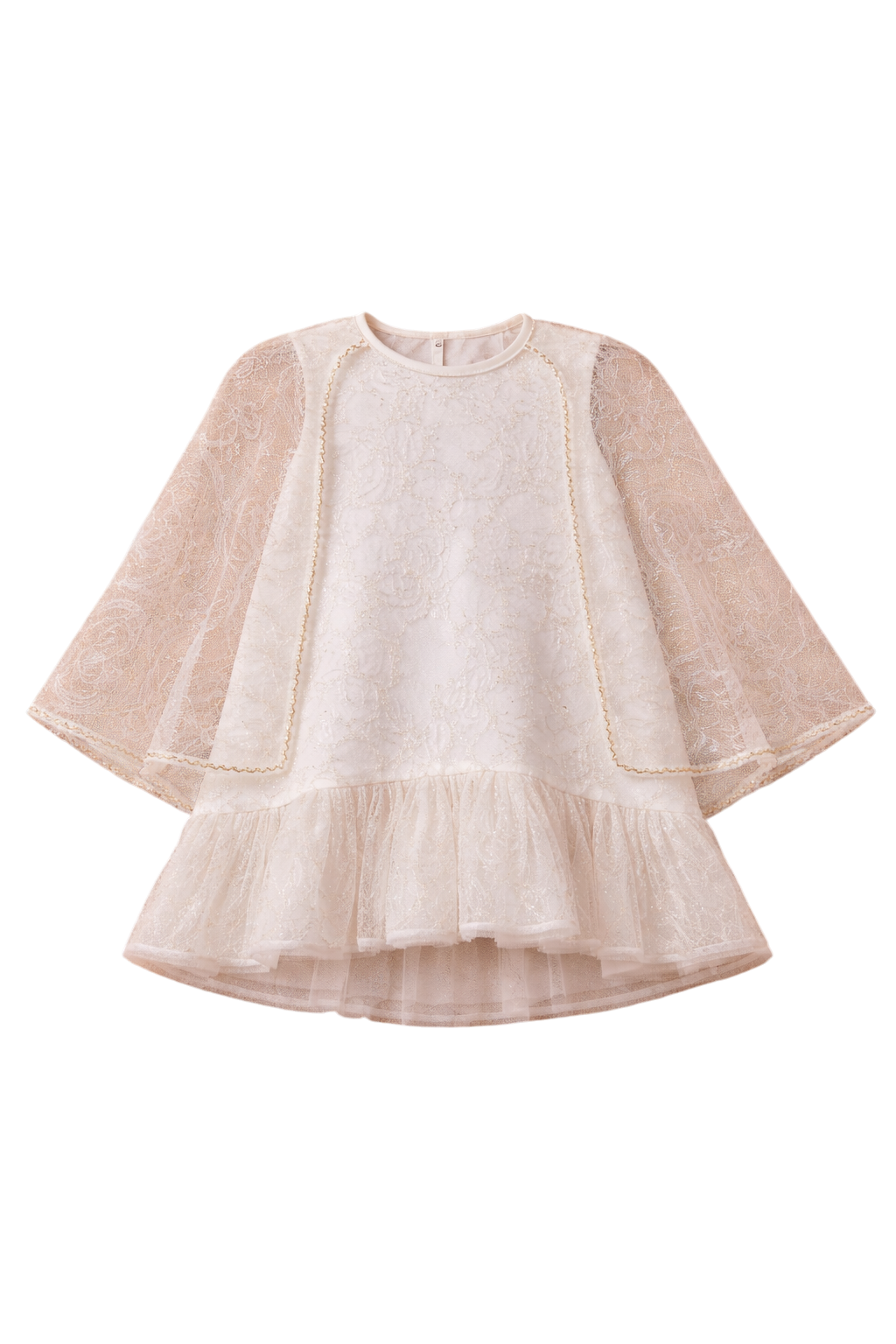 Ivory and gold lace dress with flared sheer cape sleeves
