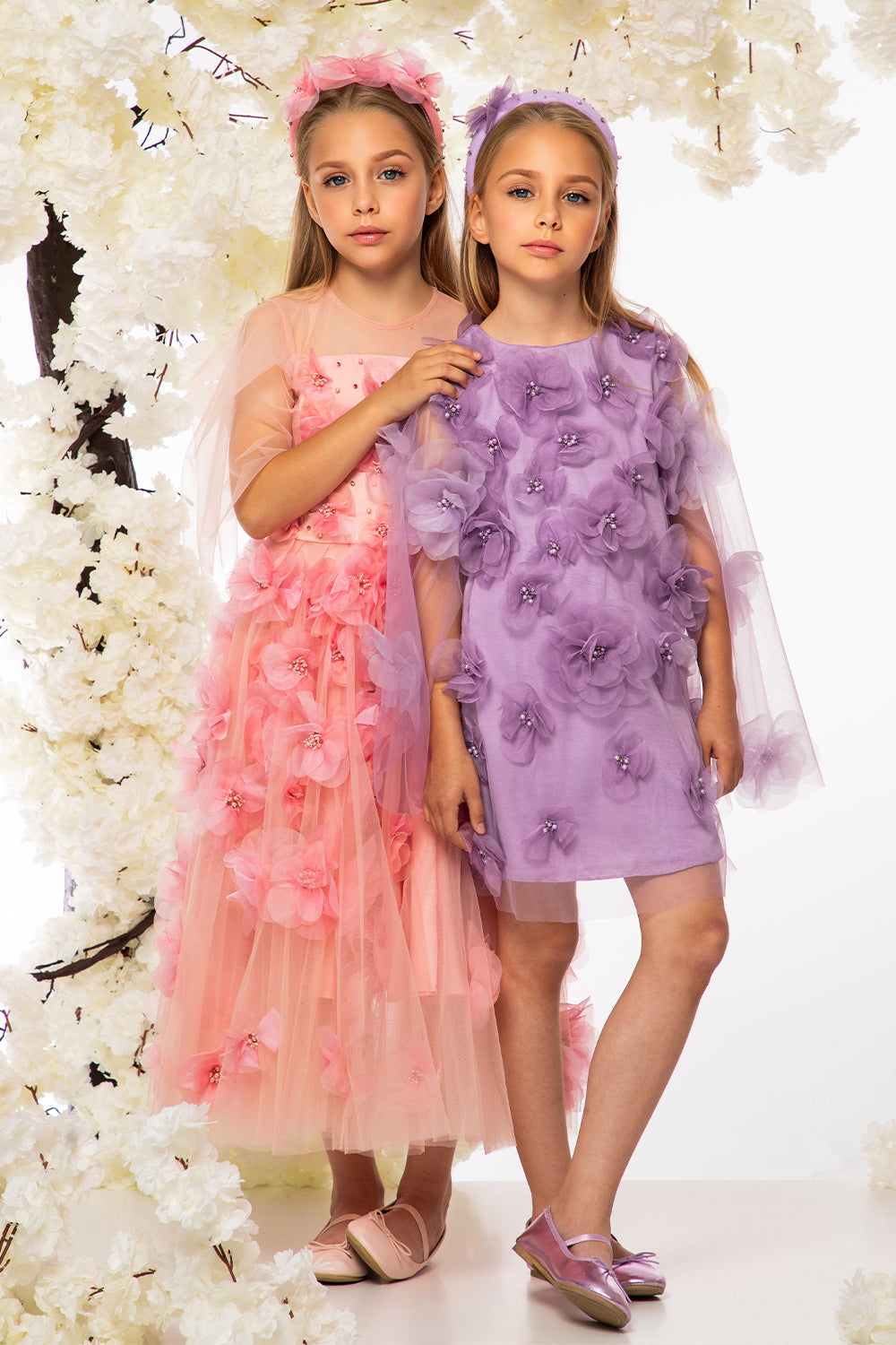 Lilac 3D flowers, pearls and crystals hand-embellished A-line dress with cape tulle sleeves