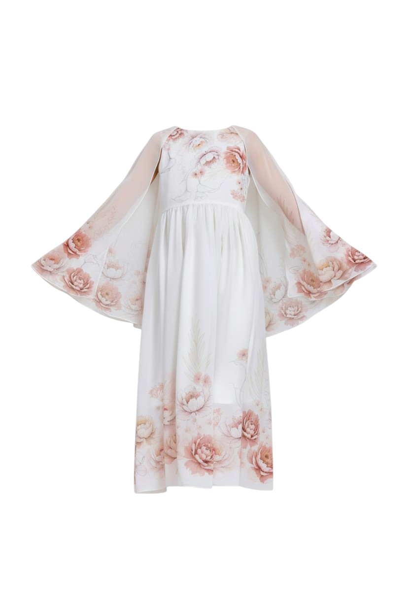 Off-white floral chiffon dress with hand-embellished front and cape sleeves
