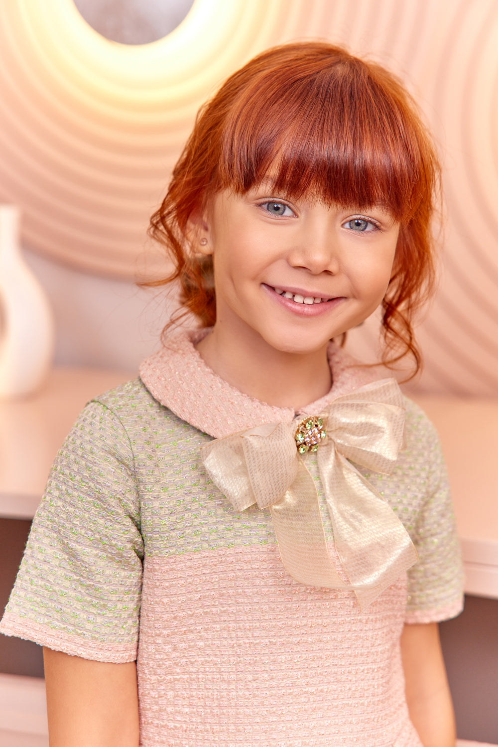 Pink and light green tweed dress with golden bow with matching Swarovski button