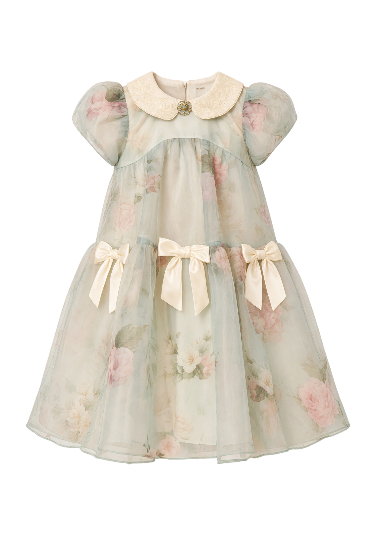 Pastel blue floral dress with velvet bows and a brooch - product view