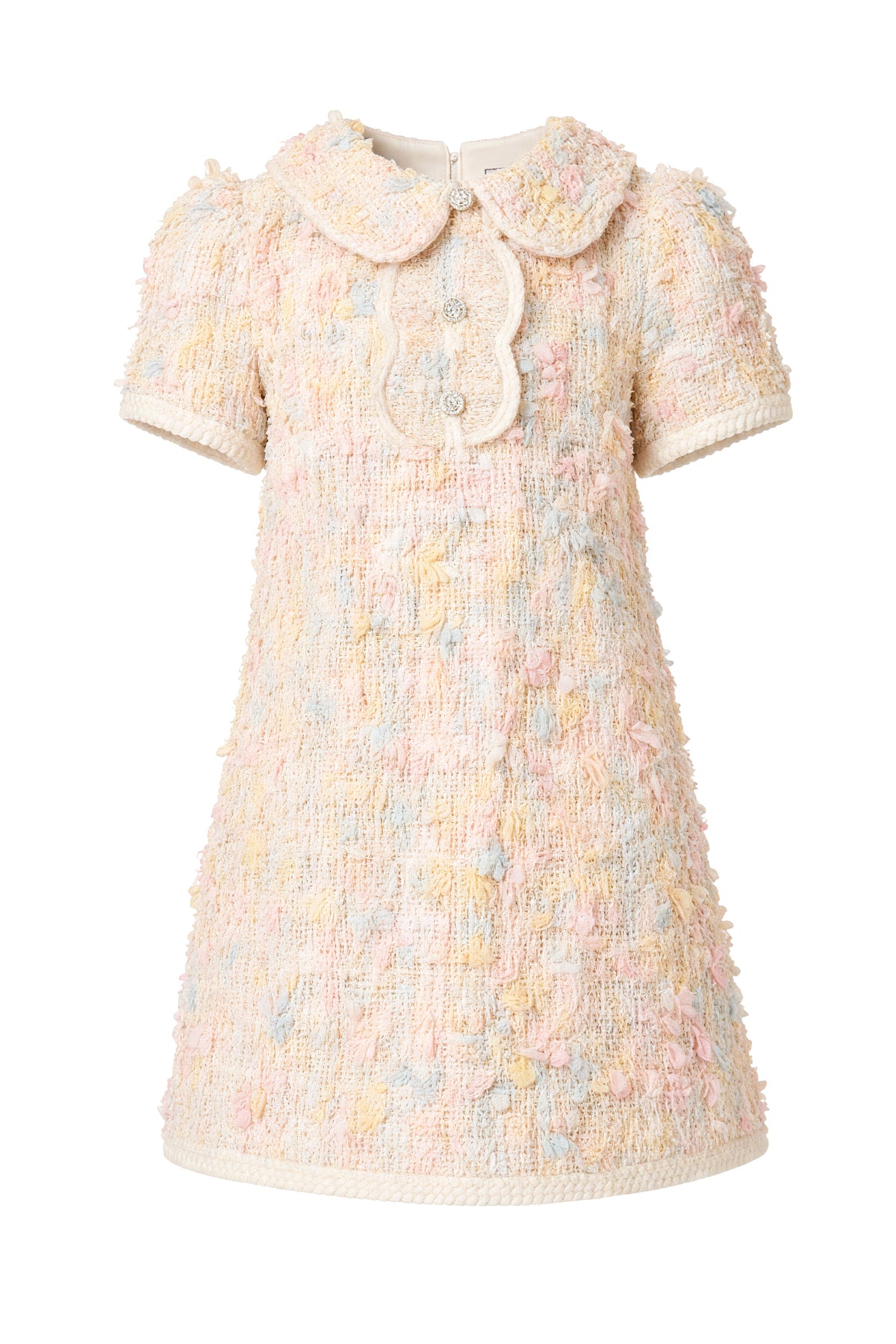 Pastel tweed dress with pearl buttons and a Peter Pan collar - product view