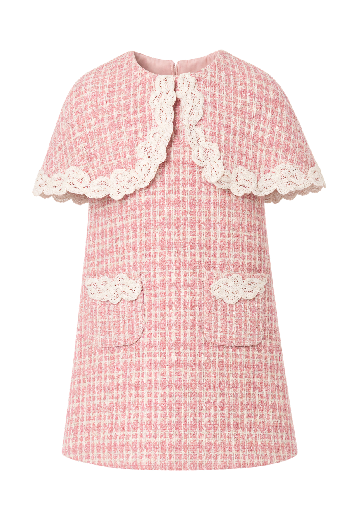Pink tweed dress with beaded lace cape collar - product view