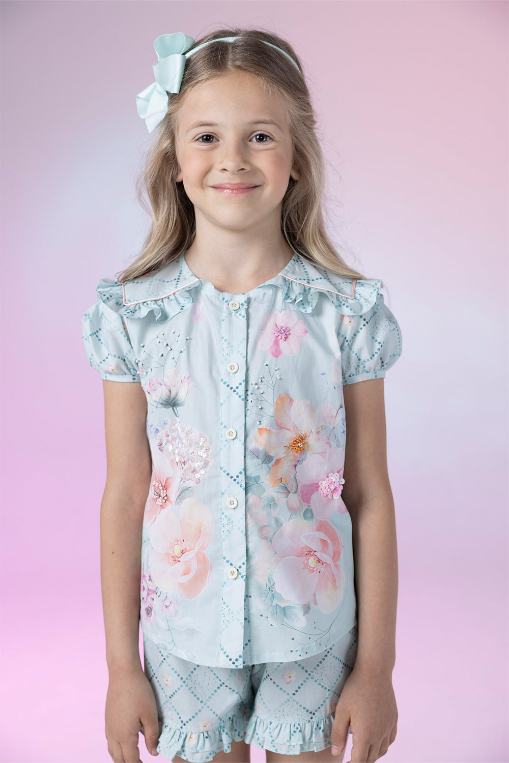 Floral shirt and shorts set with hand-made embellishments