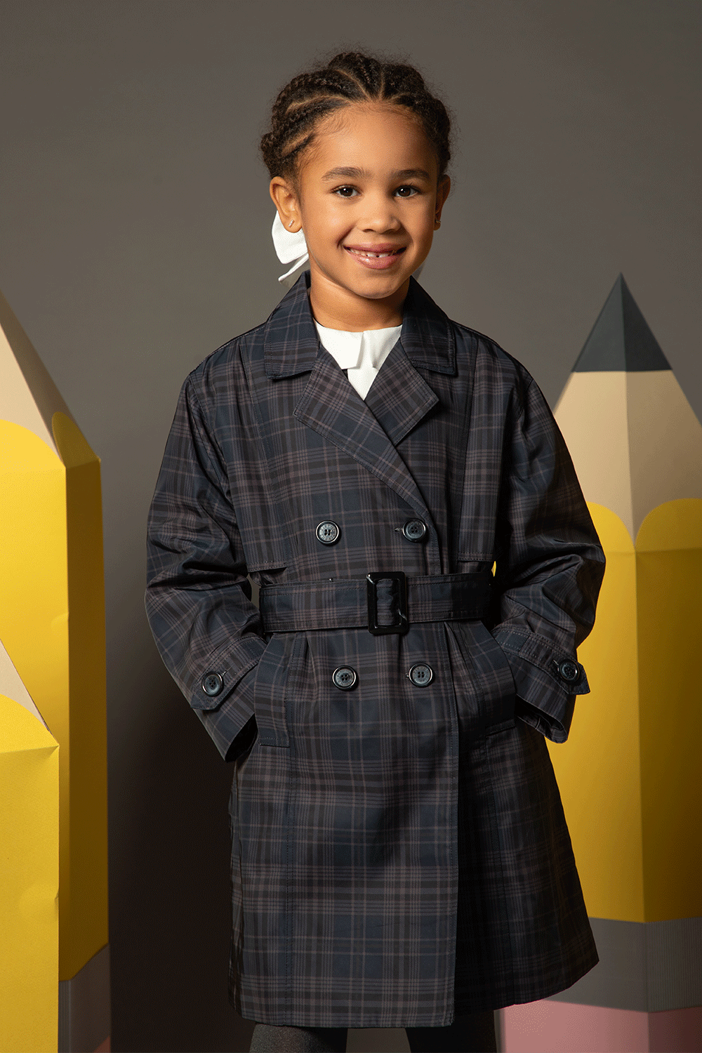 Checked double-breasted belted trench coat