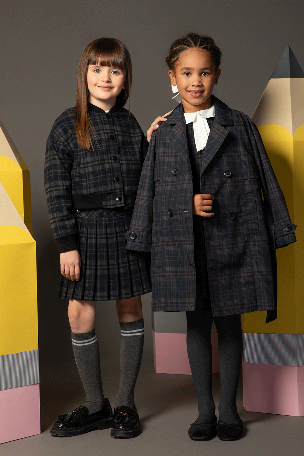 Checked double-breasted belted trench coat