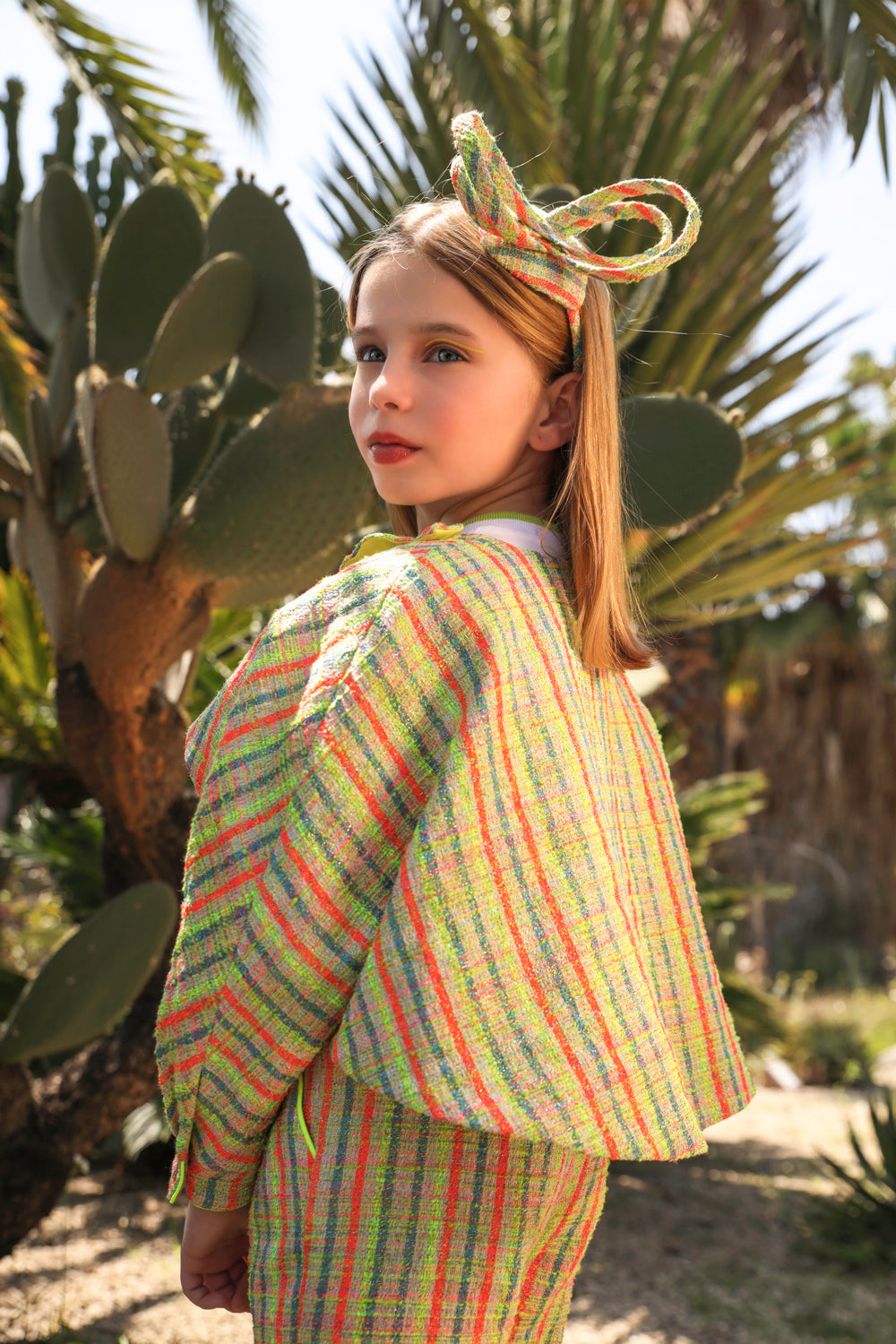 Green, yellow, fuchisa and neon tweed cotton blend open front jacket