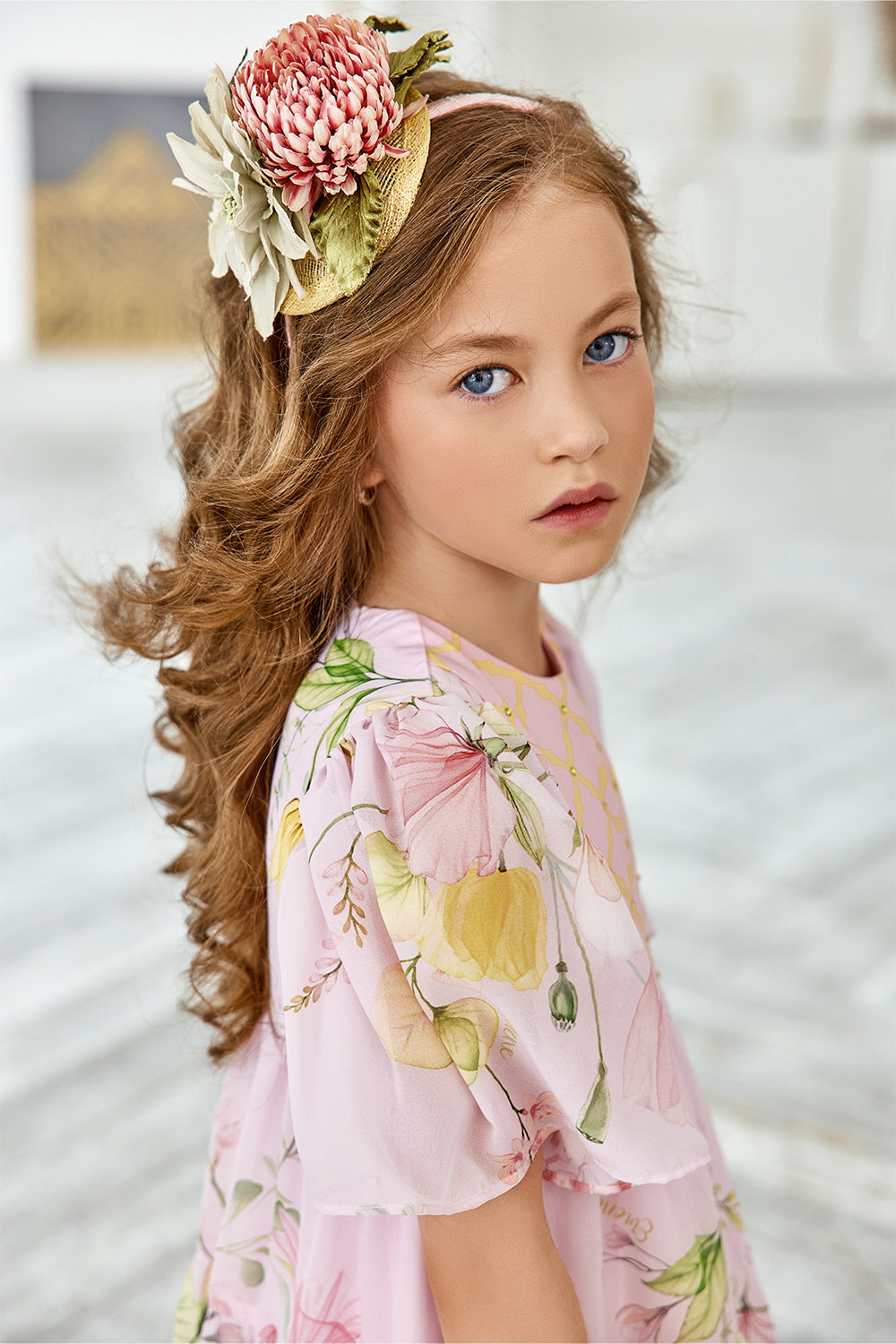 Pink chiffon floral dress with yellow crystals and embellished yellow and pink top