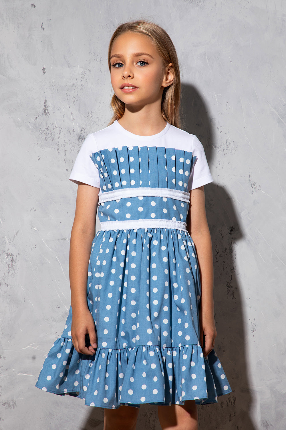 T-shirt cotton denim look dress with white dots and pretty pleated front detail