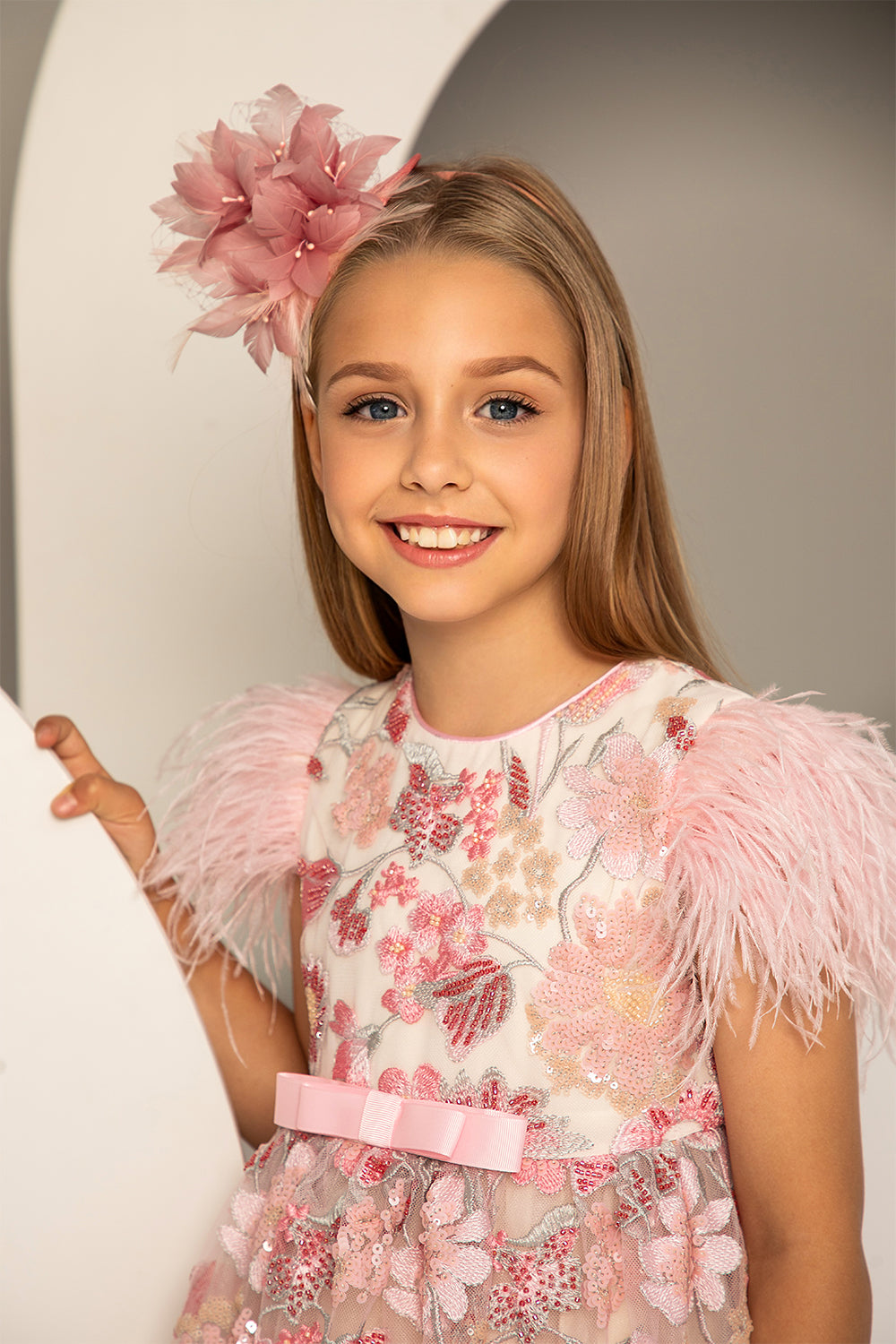 Pink sequins and beads embroidered lace dress with feather sleeves