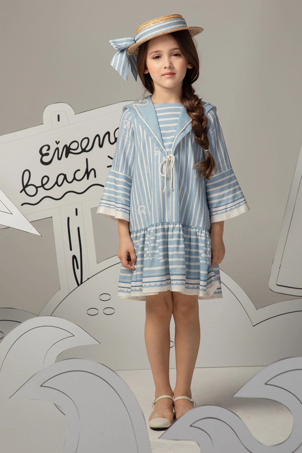 Light blue linen dress with sailor collar, striped pattern