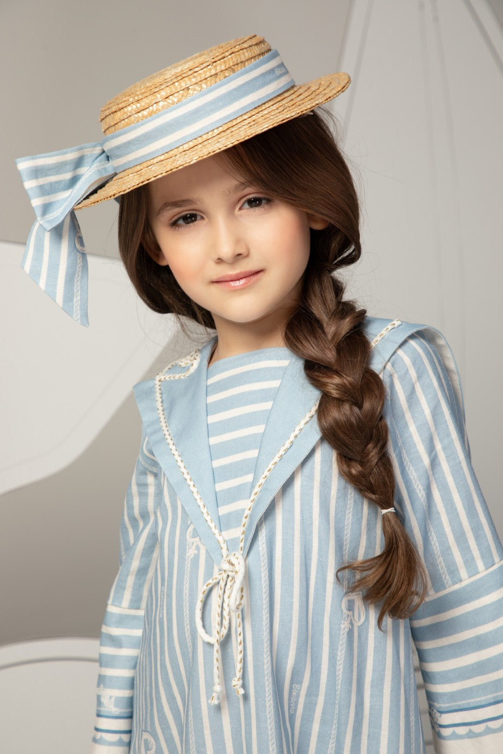 Light blue linen dress with sailor collar, striped pattern