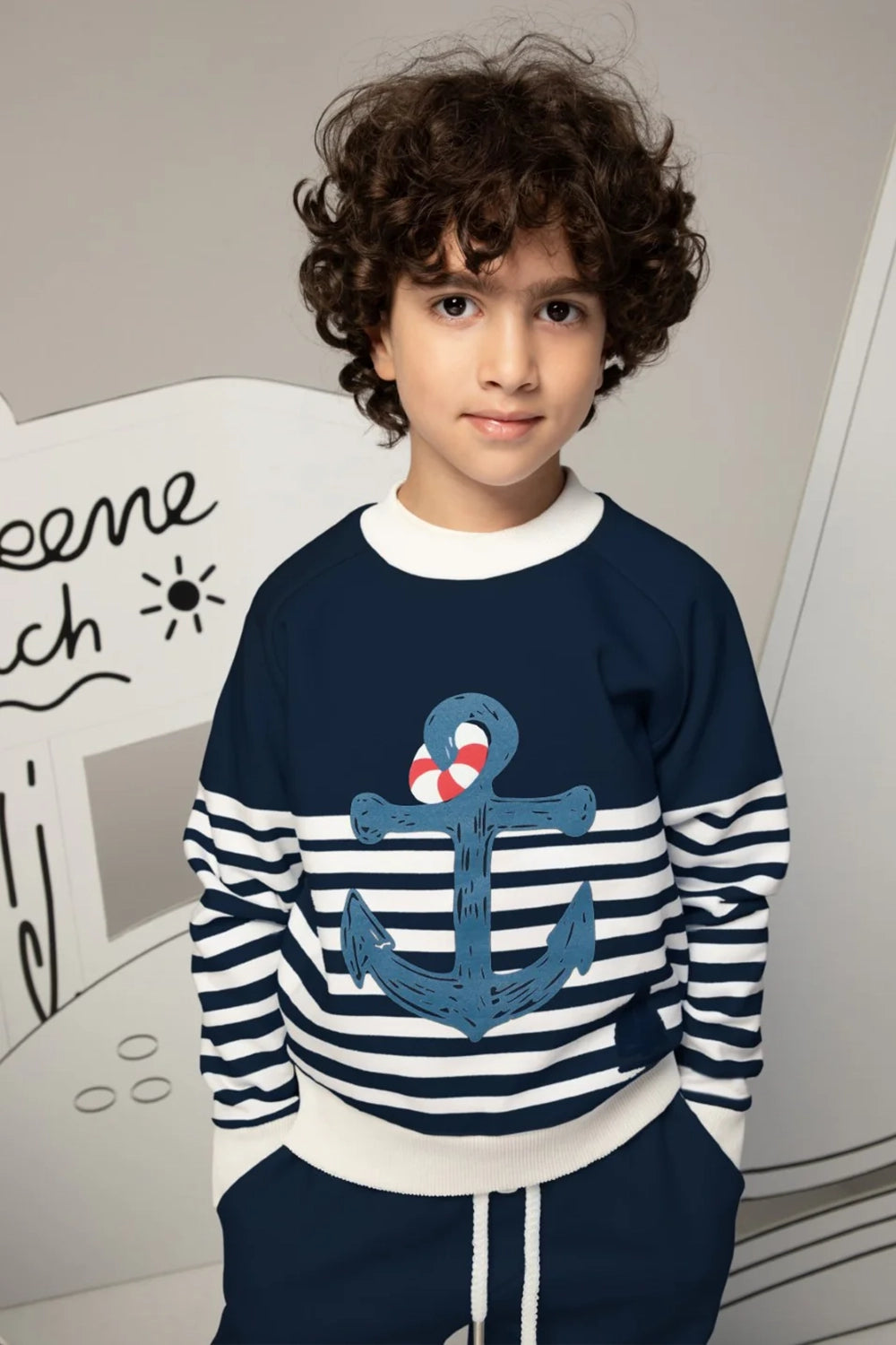 Navy sweatshirt with white stripes