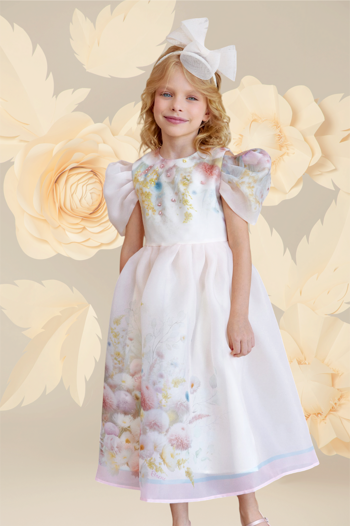 Light peach floral organza dress with puff sleeves and hand-made embellishments