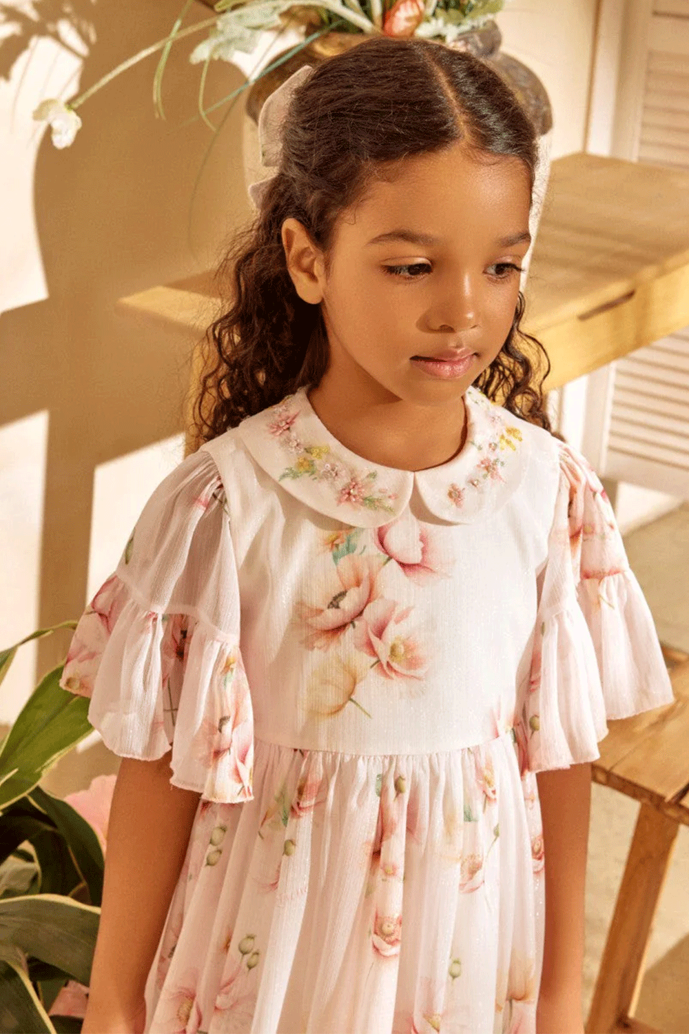 Chiffon shimmering floral dress with flutter sleeves, ruffled hem, and hand-embroidered peter pan collar