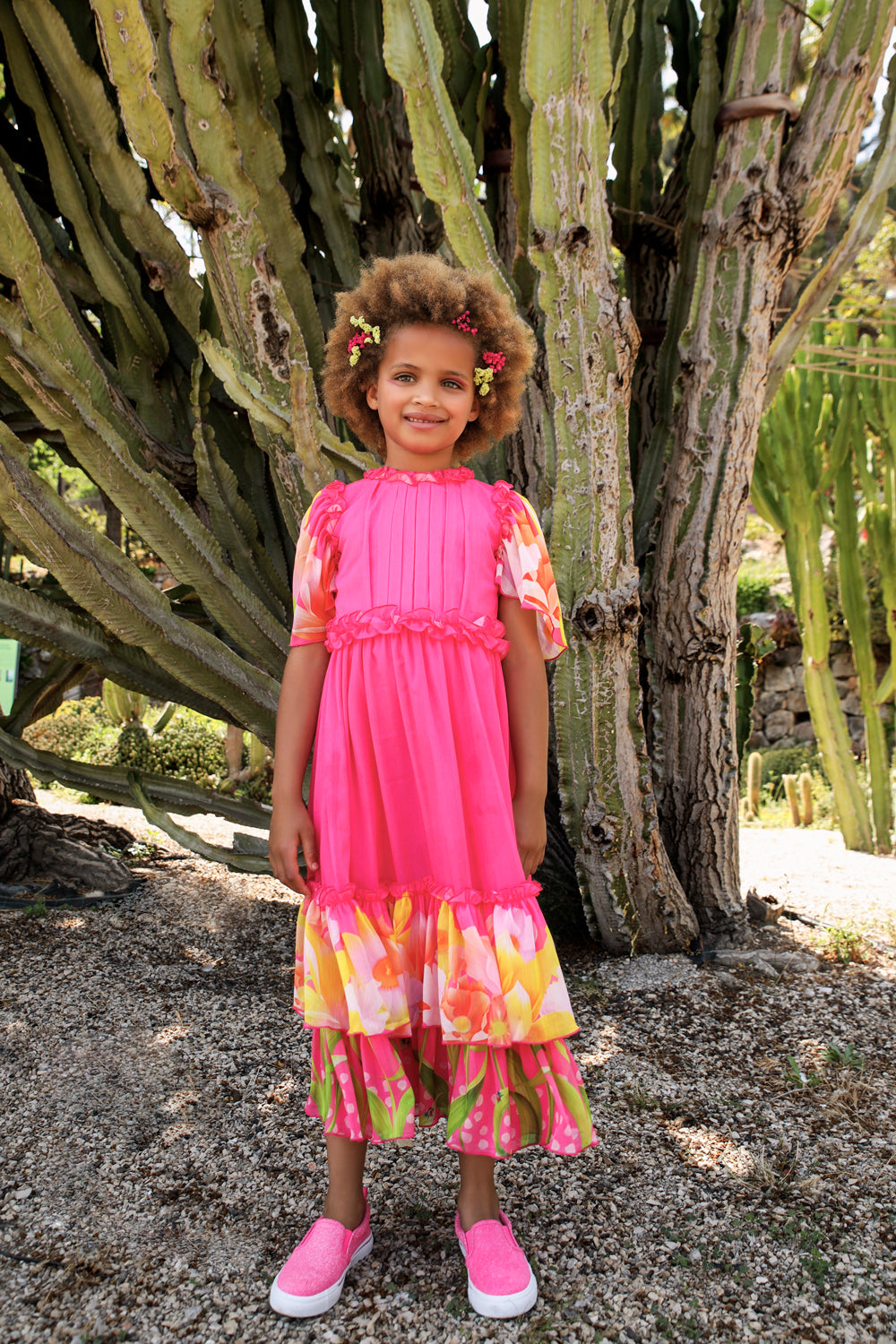 Shimmering chiffon fuchsia bright flowers printed dress with frills