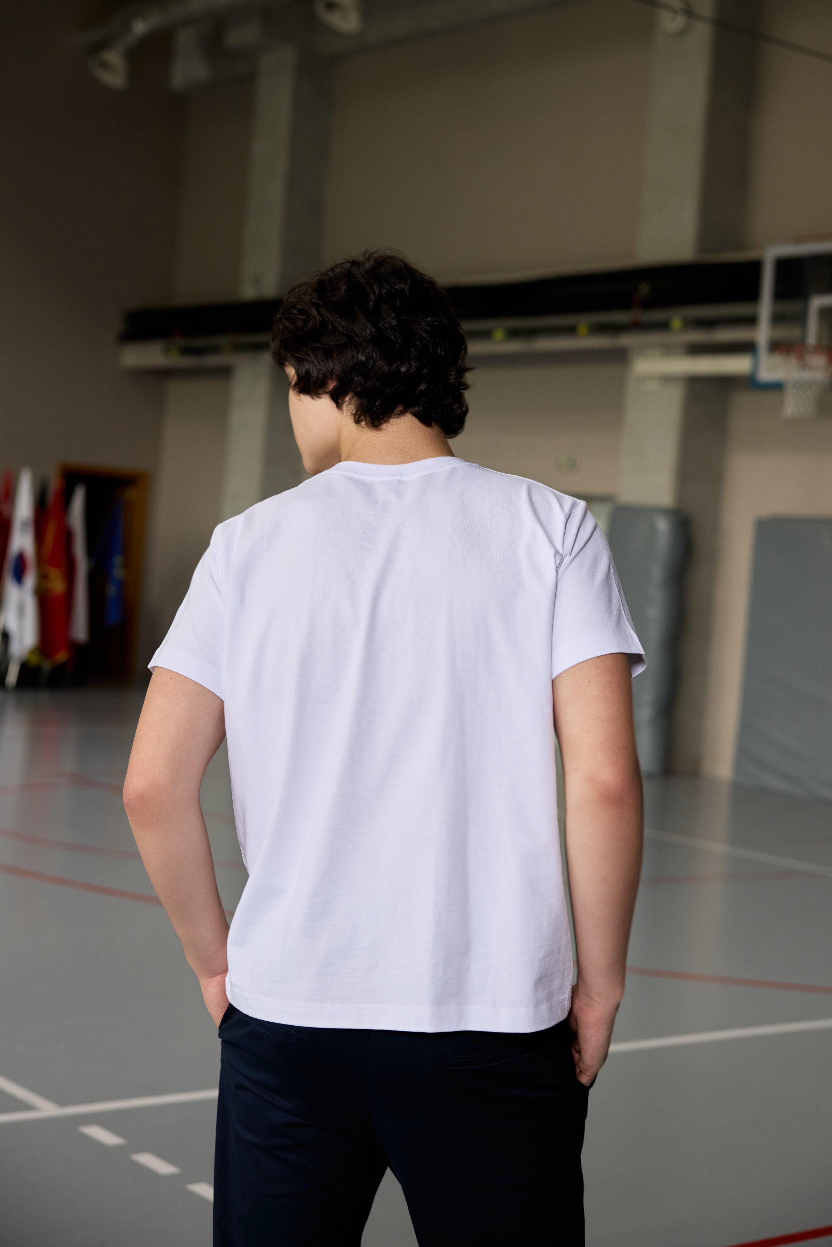 White cotton t-shirt for teen boys with AEA logo