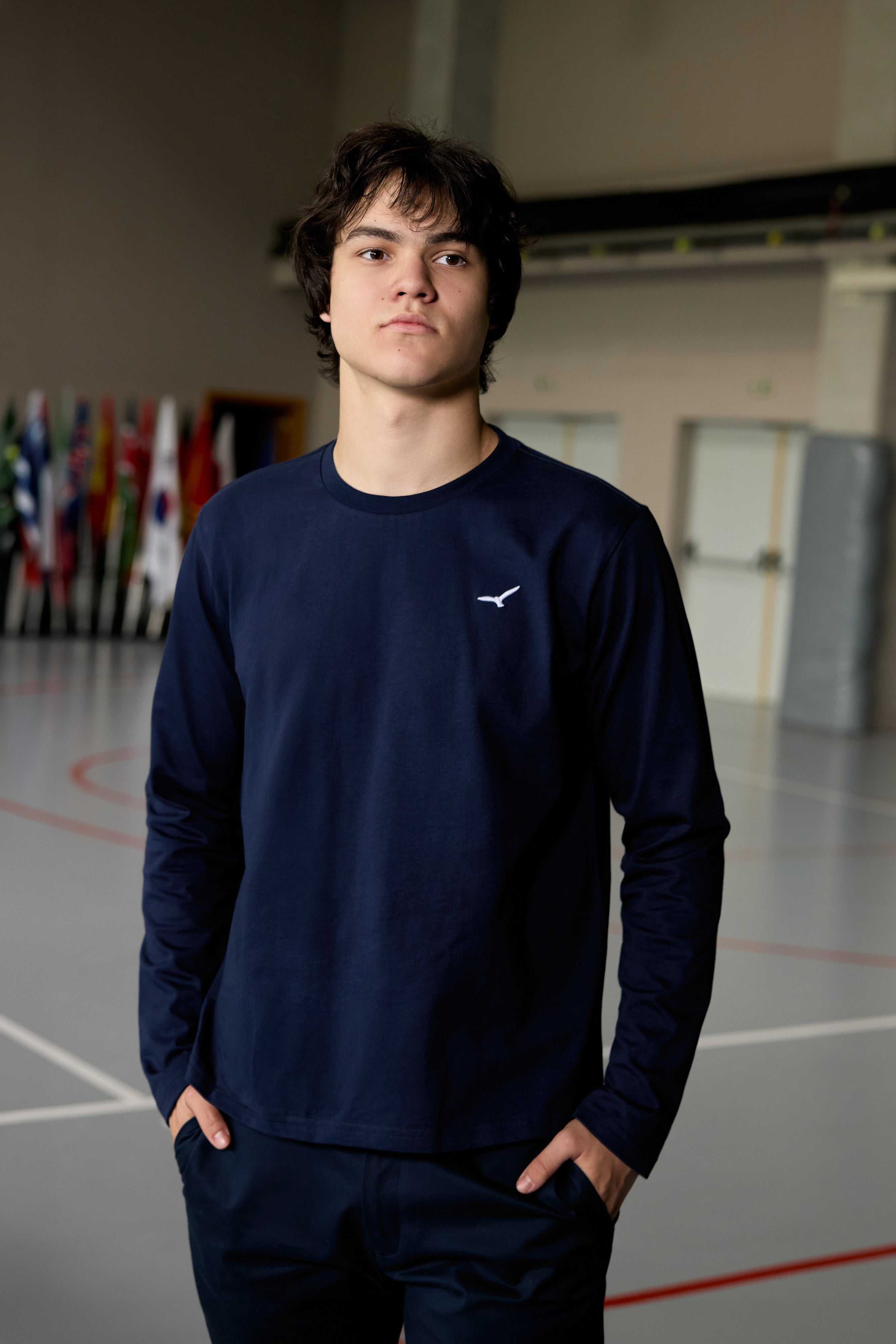 Navy long sleeve cotton t-shirt for teen boys with AEA logo