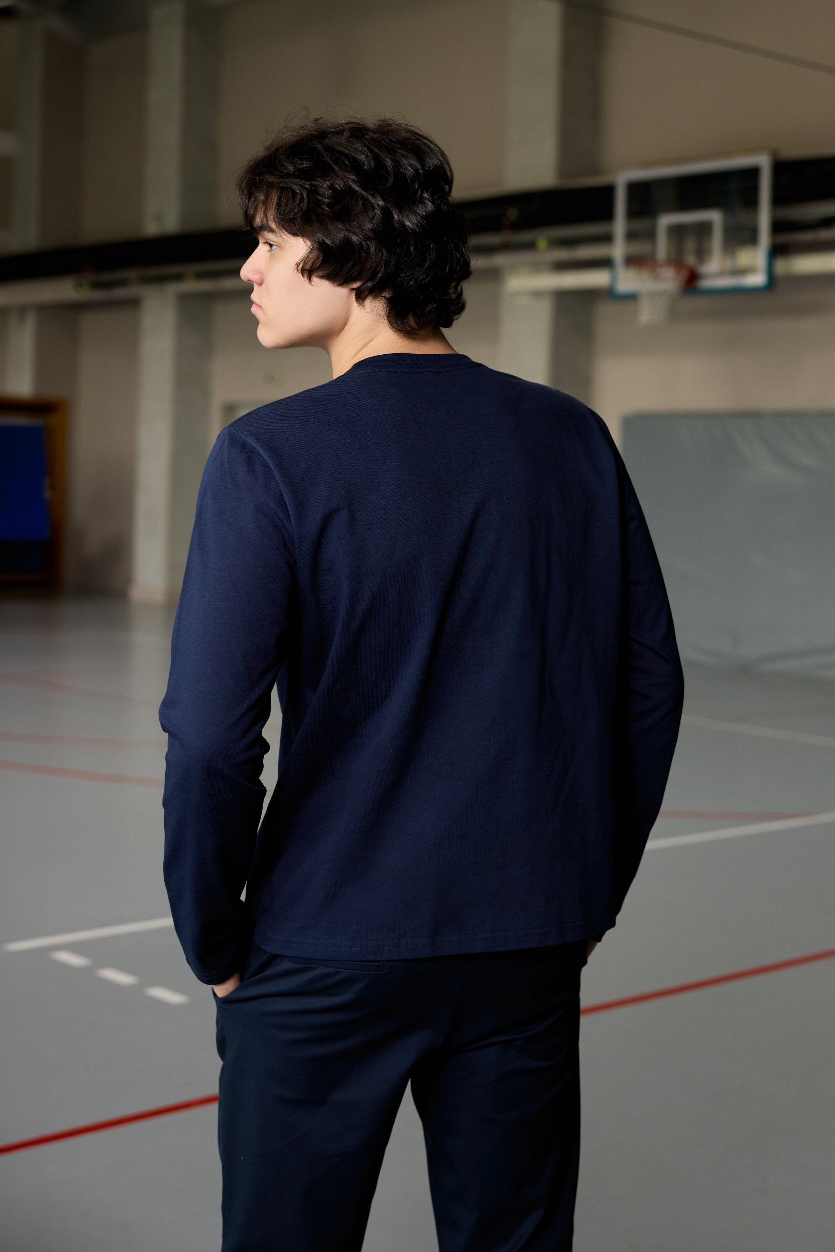 Navy long sleeve cotton t-shirt for teen boys with AEA logo
