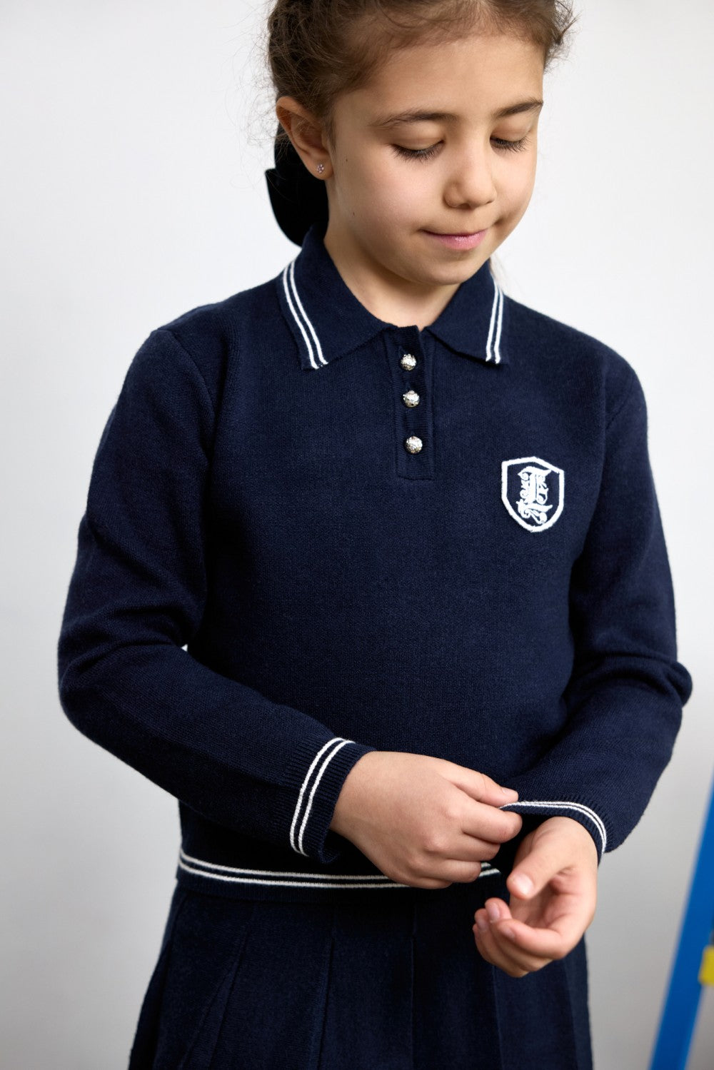 Navy knit skirt set for girls with long sleeves
