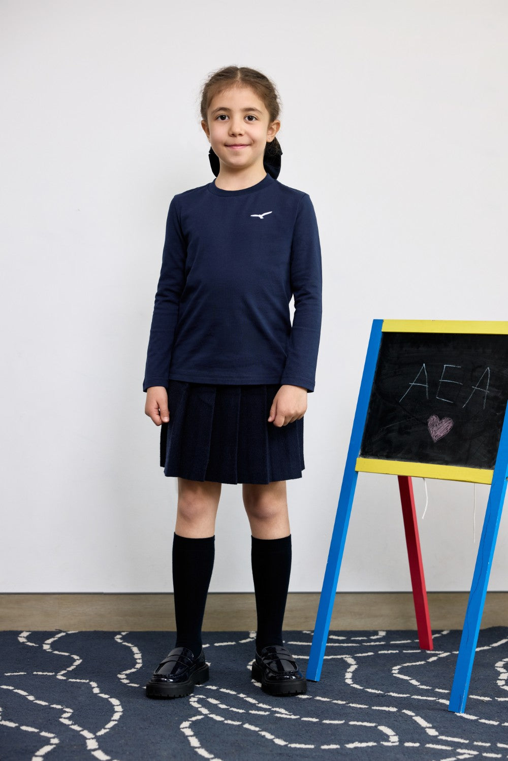 Navy long sleeve cotton t-shirt for little girls with logo