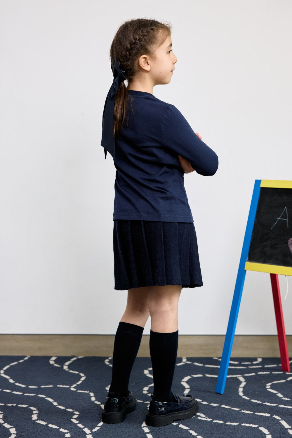 Navy long sleeve cotton t-shirt for little girls with logo