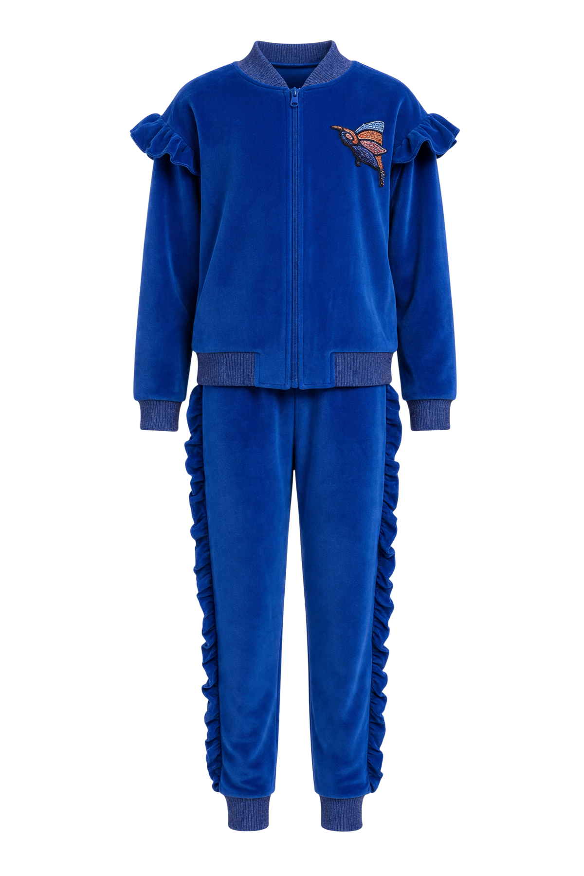 Blue velvet cotton tracksuit with handmade bird embroidery - product view