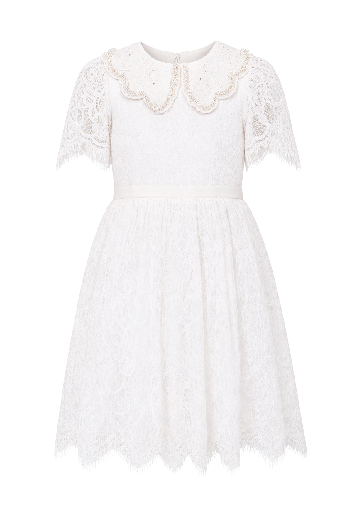 White lace dress with cotton emboidered collar with pearls - product view