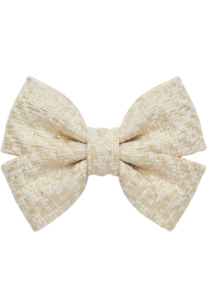 Off-white and gold tweed hair bow - product view