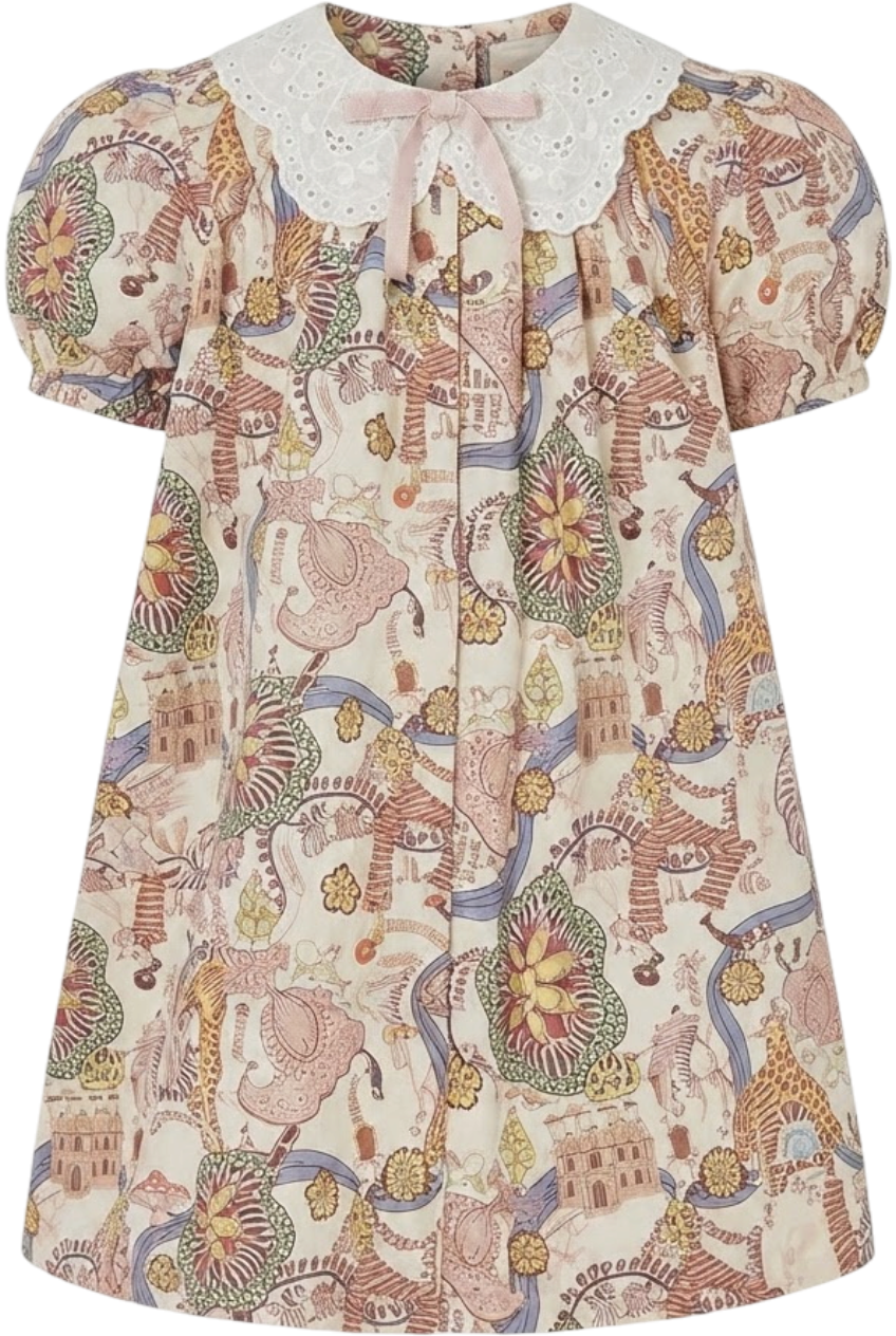Liberty London funny creatures cotton white dress with collar and bow - product view