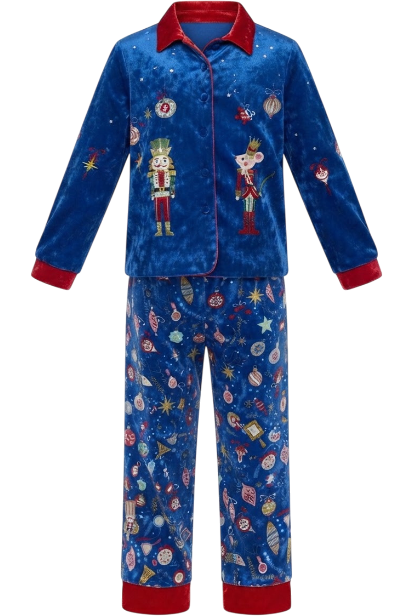 Blue velvet Christmas tracksuit with hand-embroidery - product view