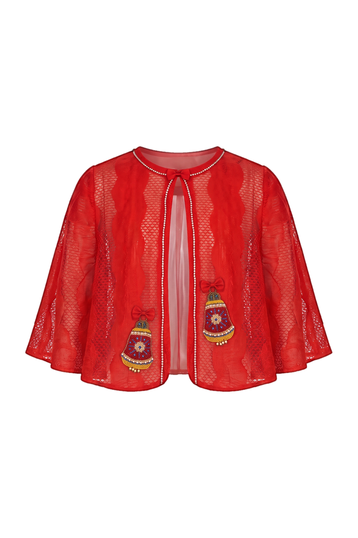 Red velvet-feel lace cape with hand-embroidery of Christmas toys - product view