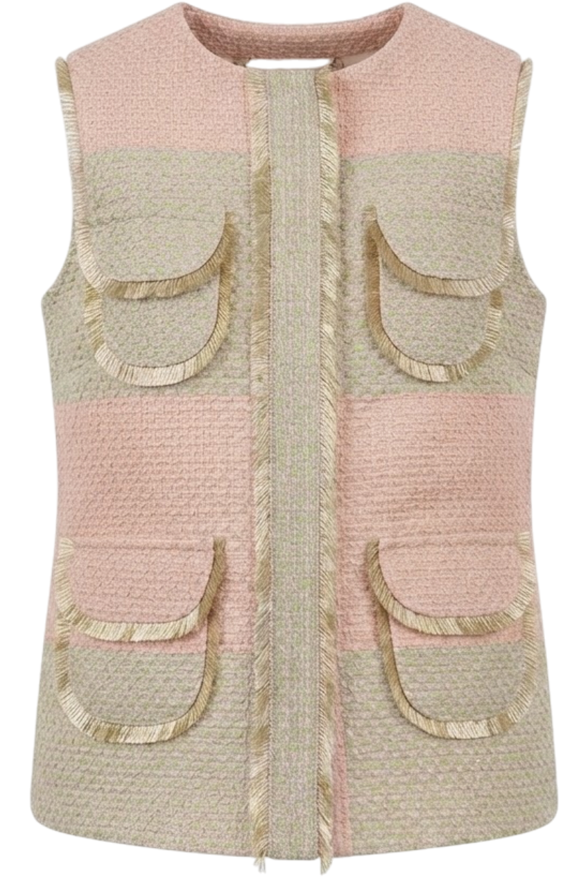 Pink and light green tweed gilet with pockets and gold fringes - product view