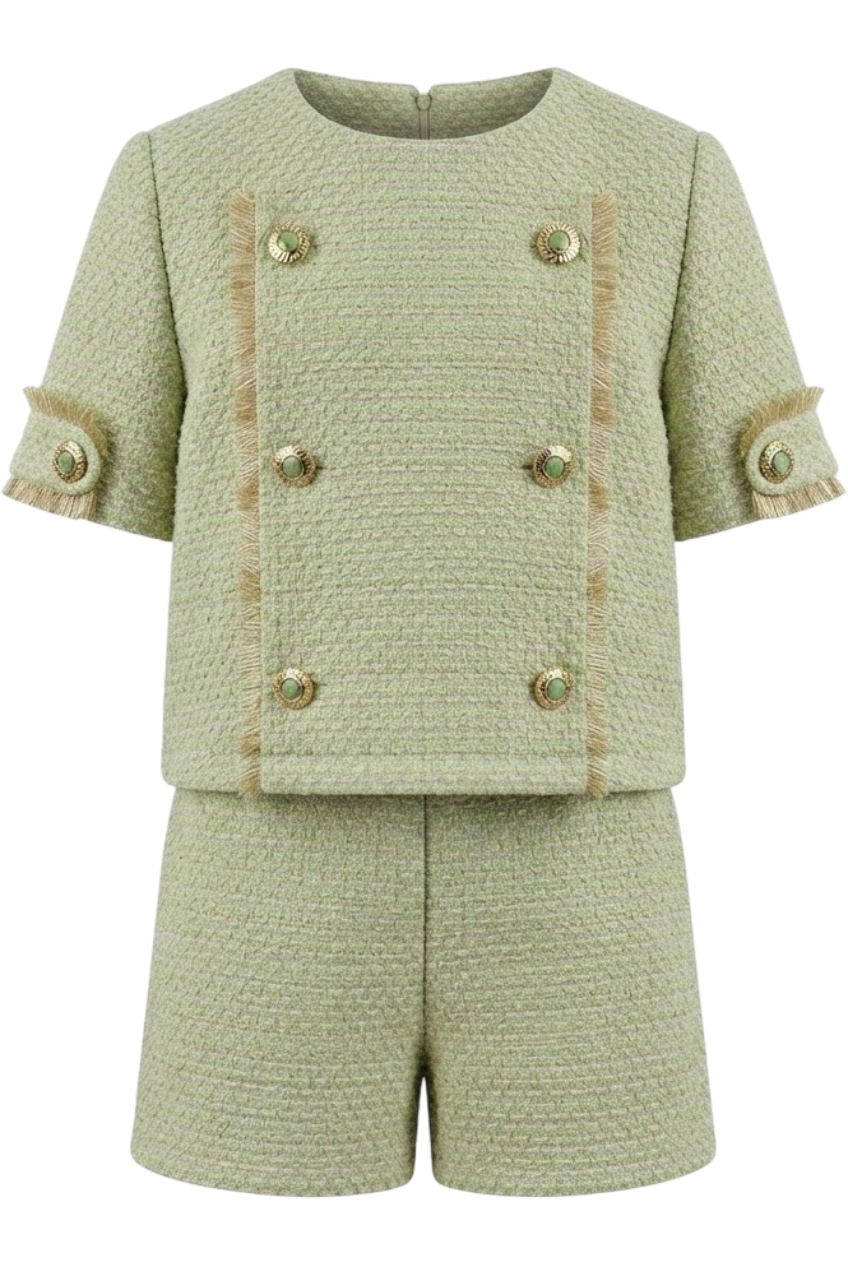 Light green and gold tweed top and shorts set - product view
