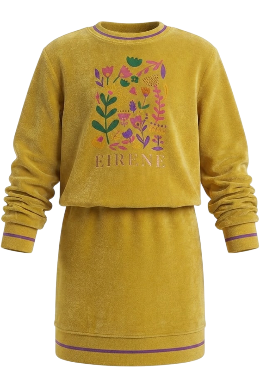 Mustard yellow cotton velvet dress with floral print and slouched sleeves - product view