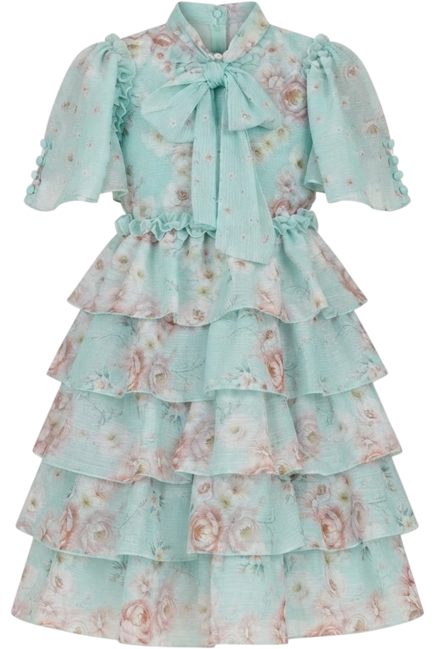Mint floral chiffon dress with pussy bow - product view